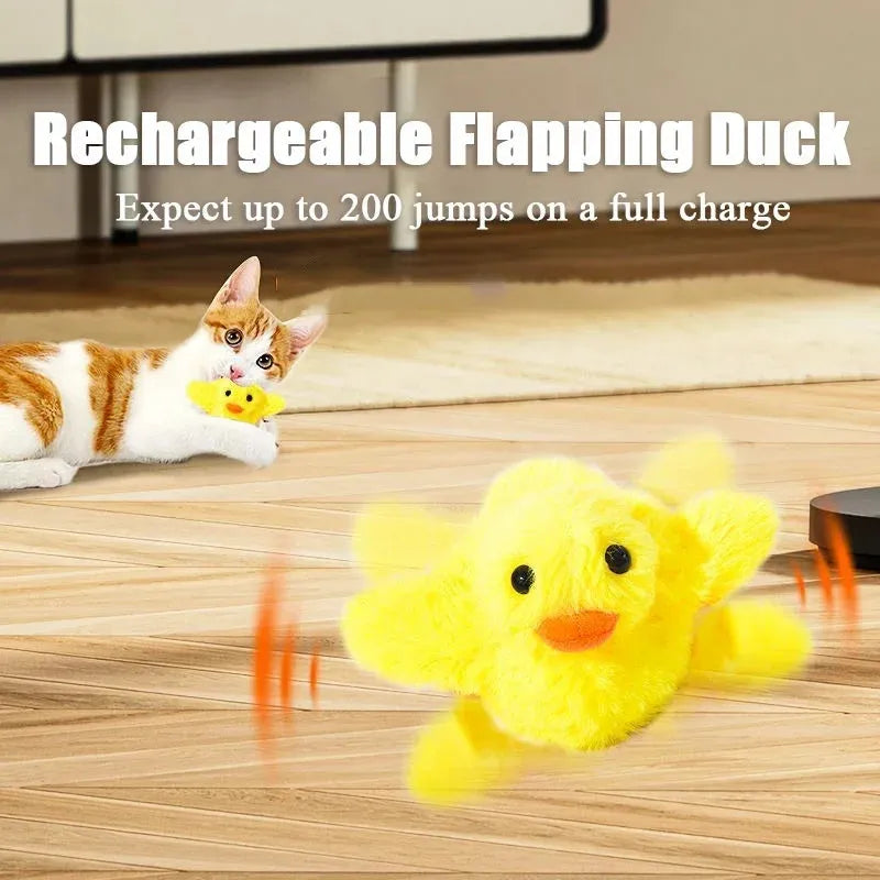 Yellow electric flapping duck cat toy with catnip and vibration sensor on plain background