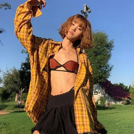 Dopamine yellow plaid shirt with loose cardigan style, sizes M to 2XL, 80-thread count chemical fibre blend