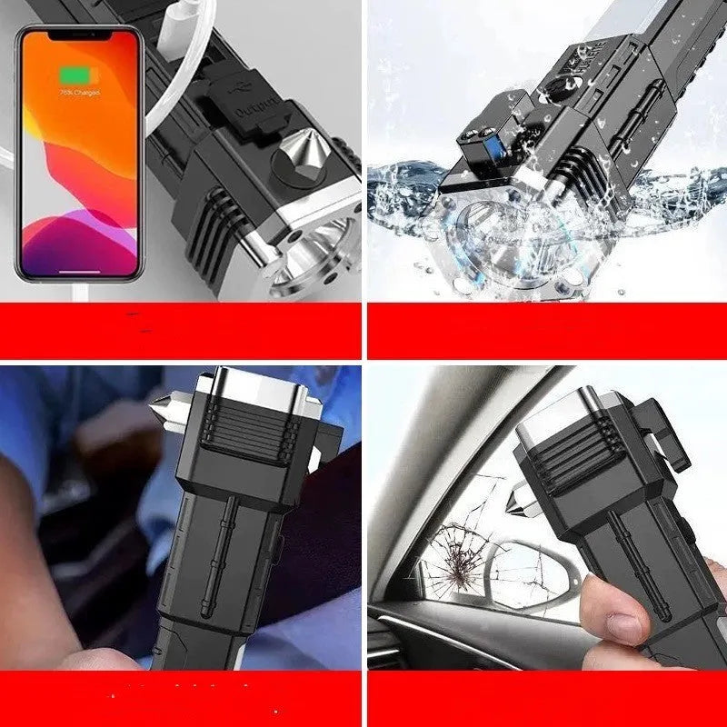 Silver portable power bank flashlight with LED light and IP44 rating for outdoor use.