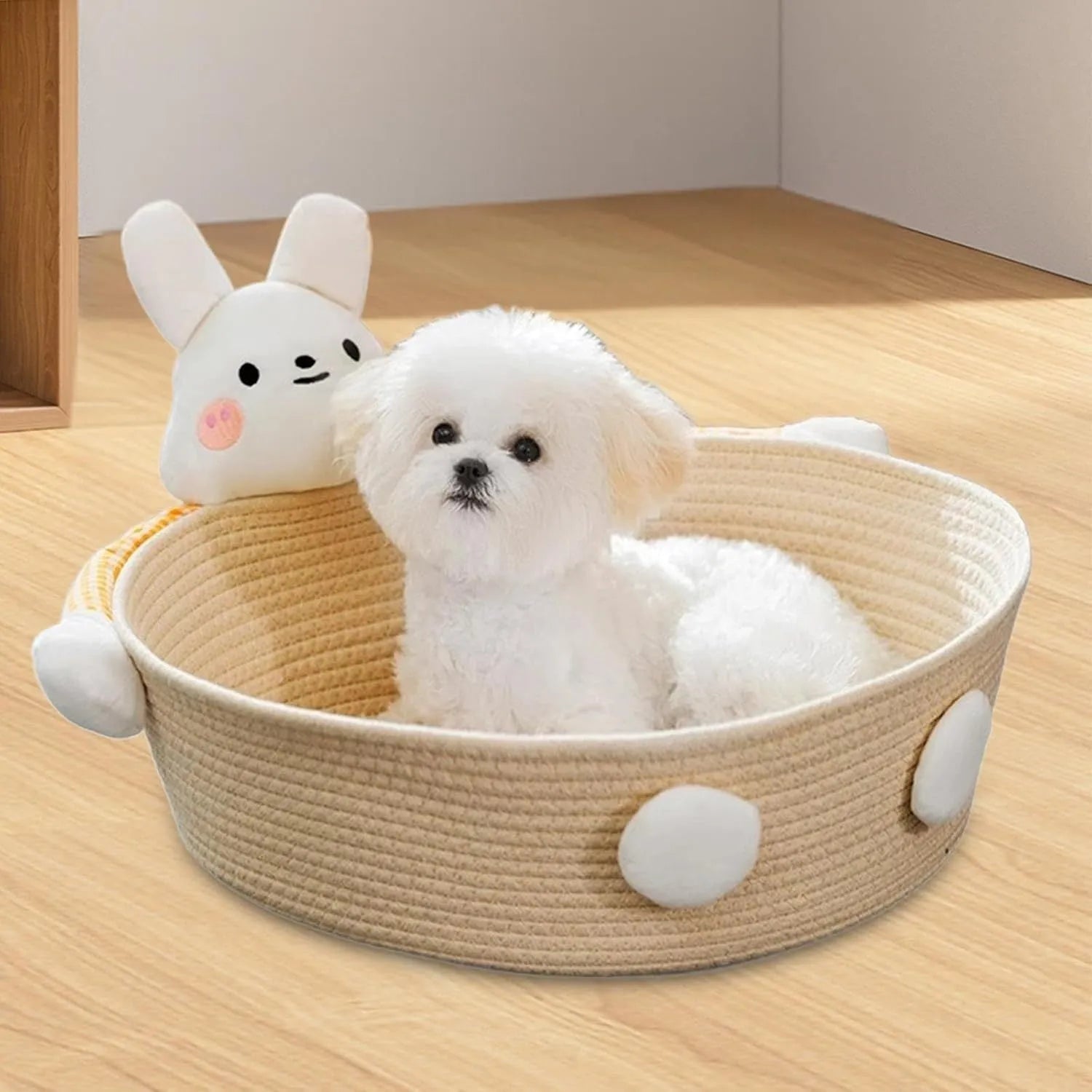 Woven cotton rope cat bed with integrated scratching board in basket design, available in three sizes