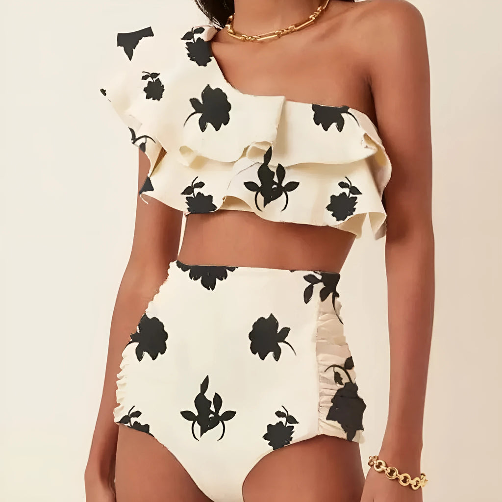 Women's high waist bikini suit with oblique shoulder ruffles in polyester fabric