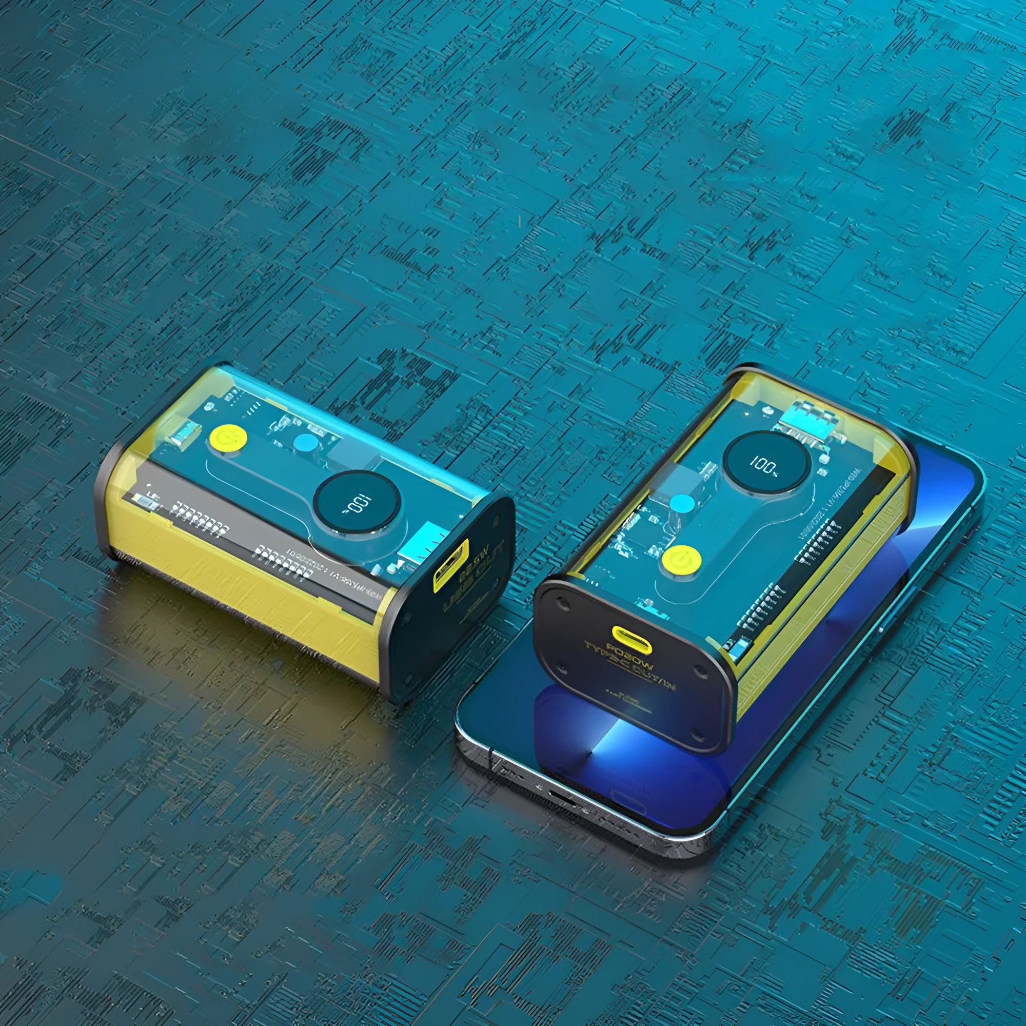 Transparent industrial design power bank showing internal aluminium casing and battery cells