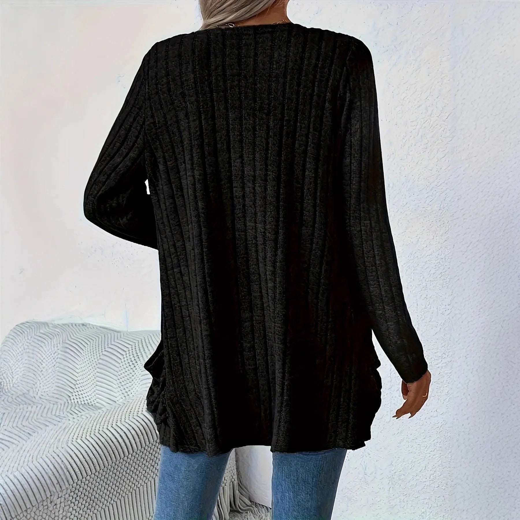 Solid colour long sleeve cardigan knitwear with two pockets, shown in granny grey.