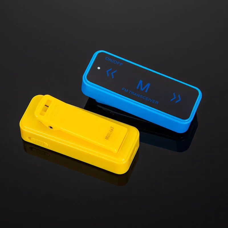 Mini UHF walkie-talkie set with two radios, ear-hook headsets, ear straps and USB data cable