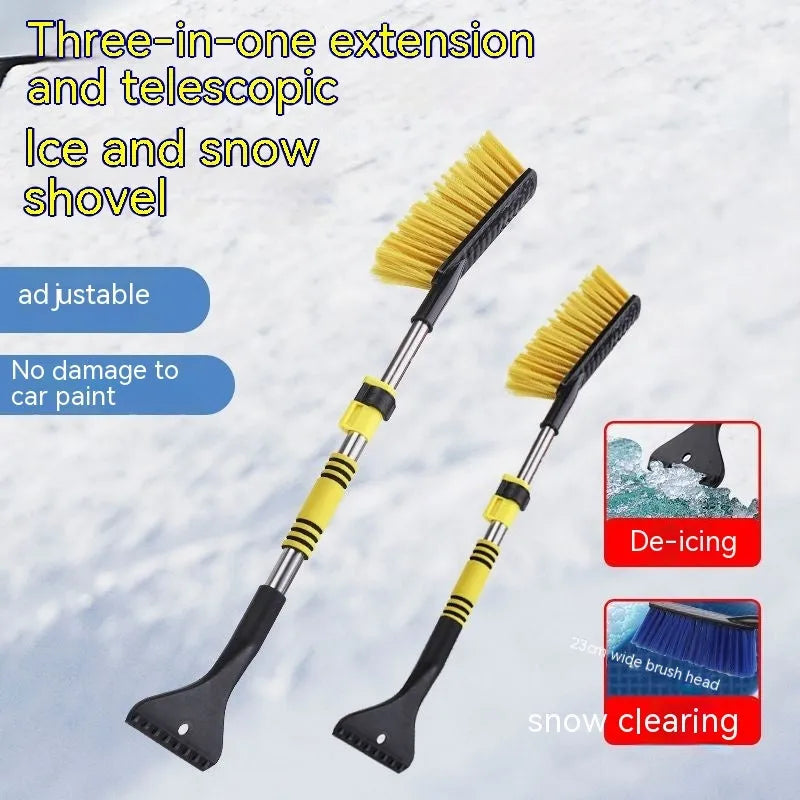 Blue and yellow telescopic car snow brushes with ice scrapers for winter vehicle clearing
