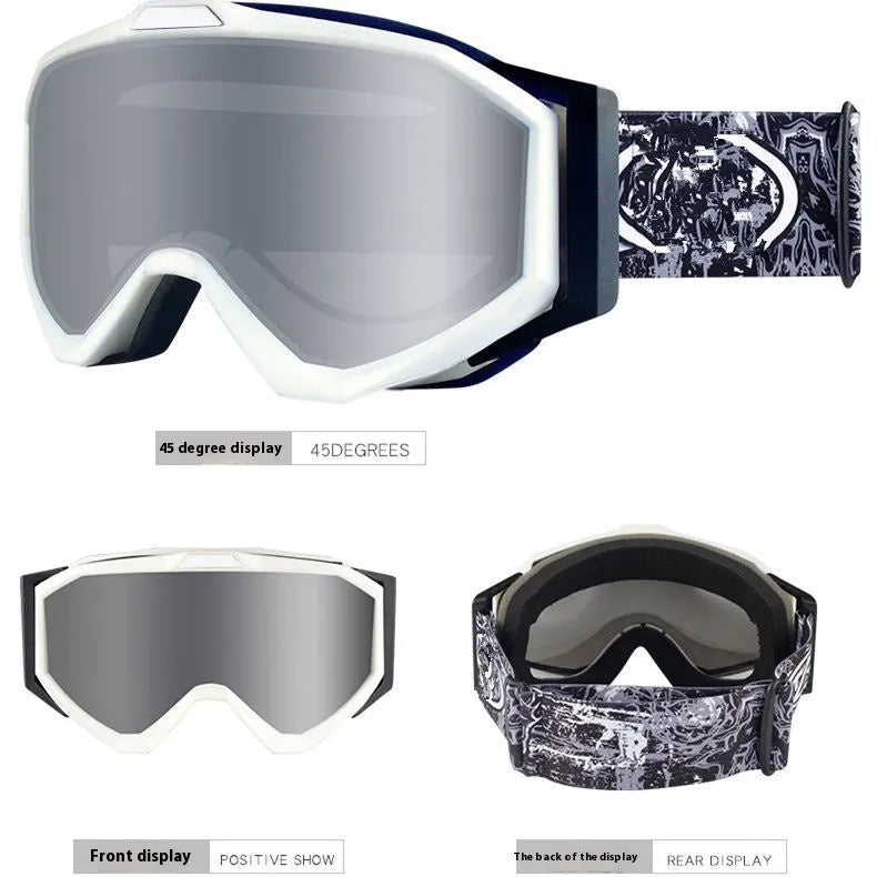 Motorcycle goggles with double-layer construction in black frame with grey lens, showing anti-fog design