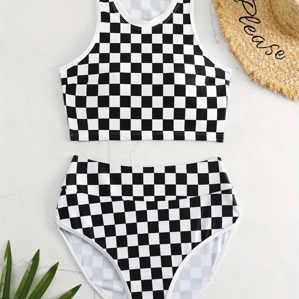 Women's check pattern racing swimsuit with backless suspender design in polyester fabric
