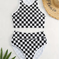 Women's check pattern racing swimsuit with backless suspender design in polyester fabric