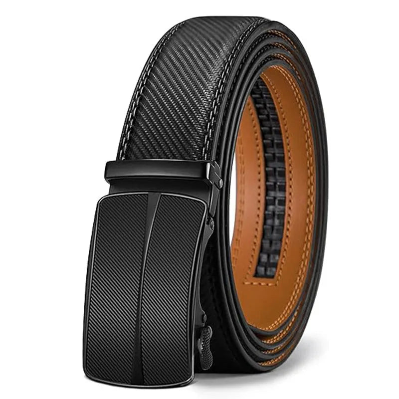 Men's PU leather belt with an automatic alloy buckle in an embossed finish.