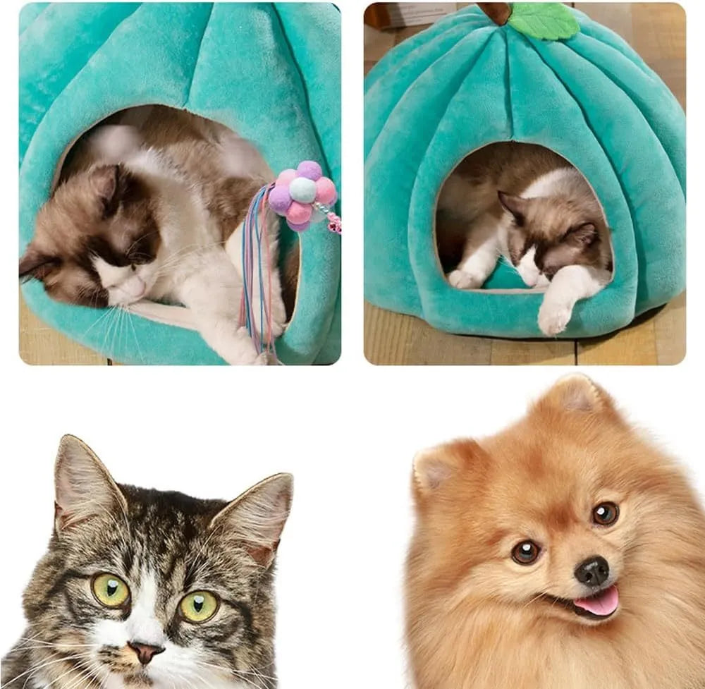 Pumpkin-shaped cat cave bed with removable mat in blue, grey or yellow