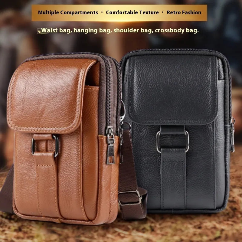 Men's black composite cowhide leather waist bag with lock feature and vertical square shape