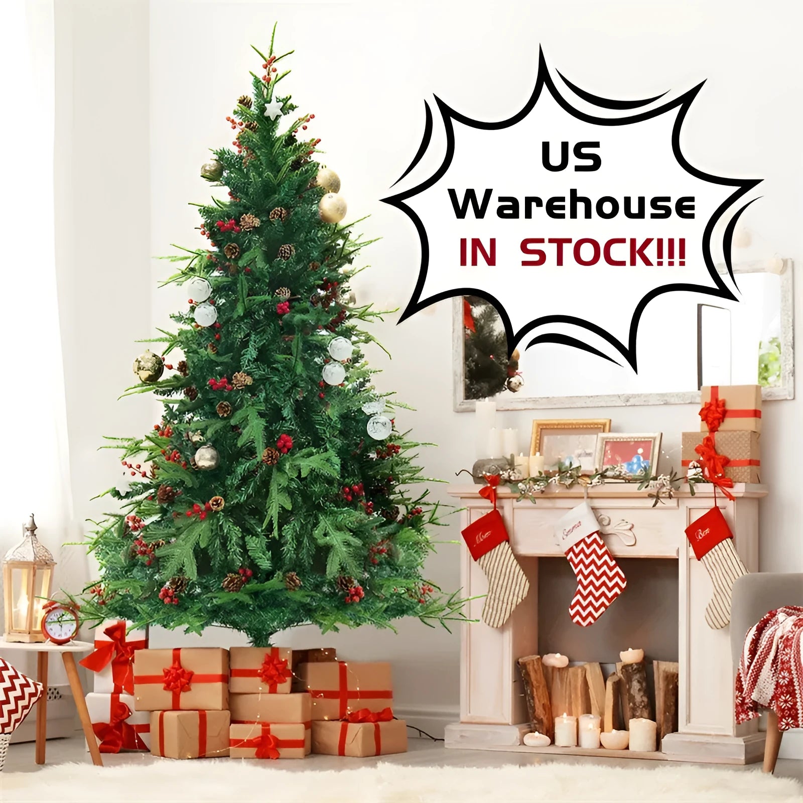 PVC artificial snow-covered Christmas tree on a metal stand