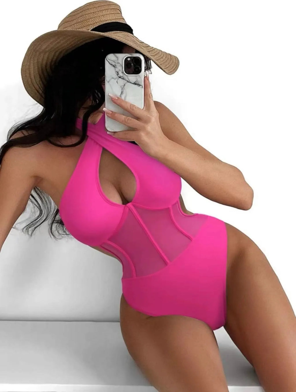 Women's black one-piece swimsuit with 80% nylon 20% spandex fabric composition