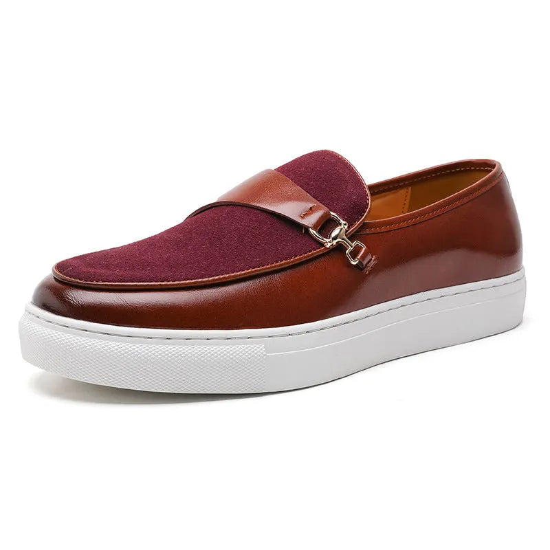 Men's black slip-on loafer with a gold horsebit buckle, round toe, and visible stitching.