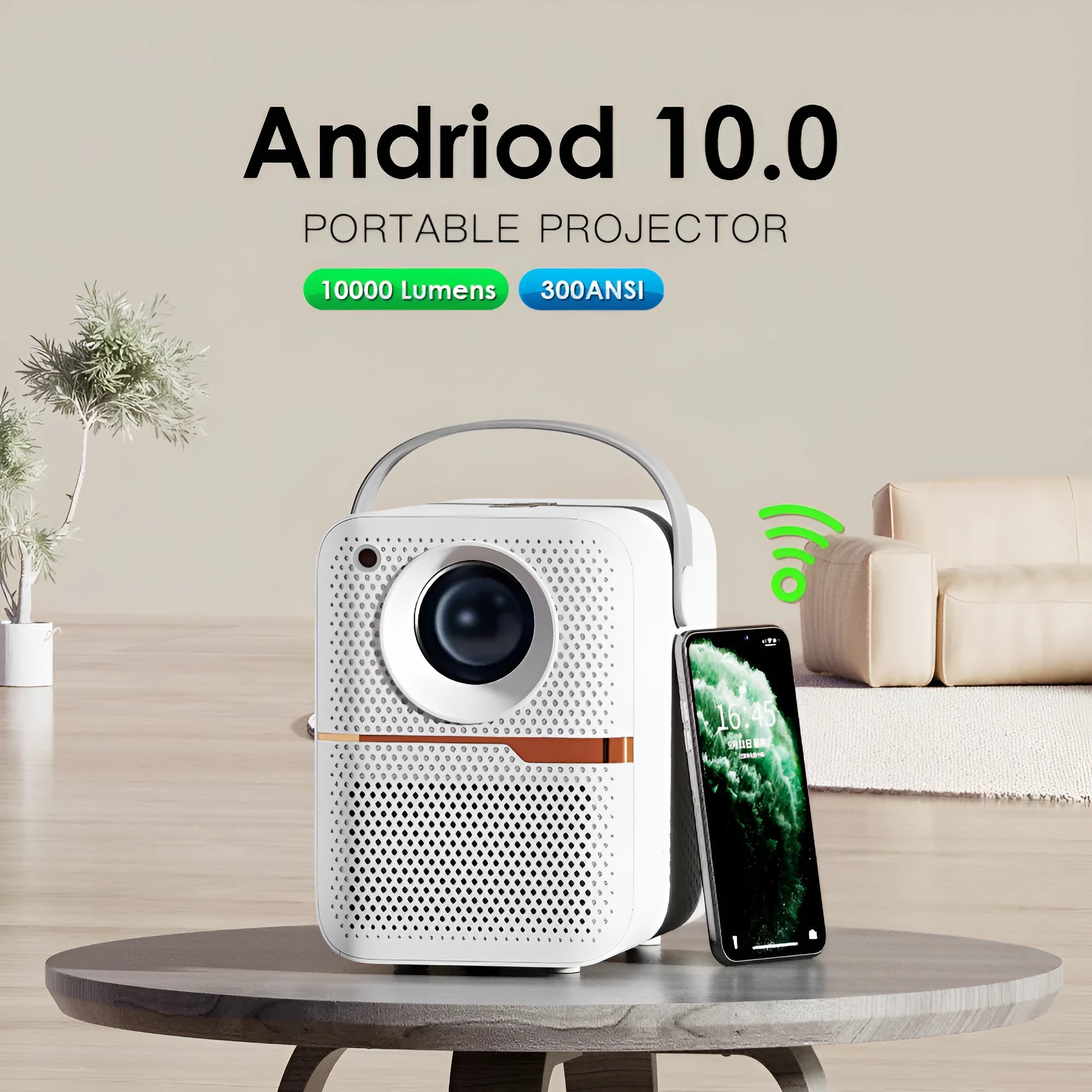 P10 portable Android LCD projector in black or white, showing a 720p display for home cinema.