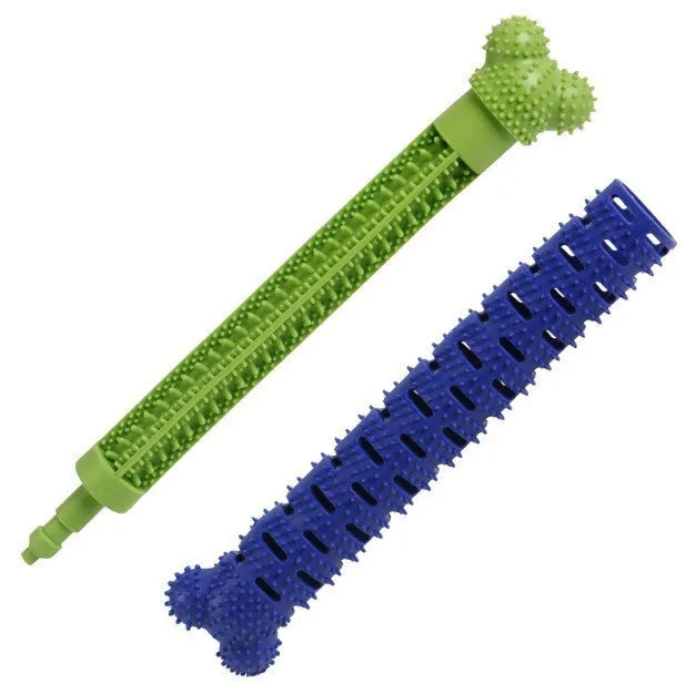 Blue Green Pet Molar Tooth Cleaner, a 25cm silicone brushing stick with serrated head and crevice for dog teeth cleaning