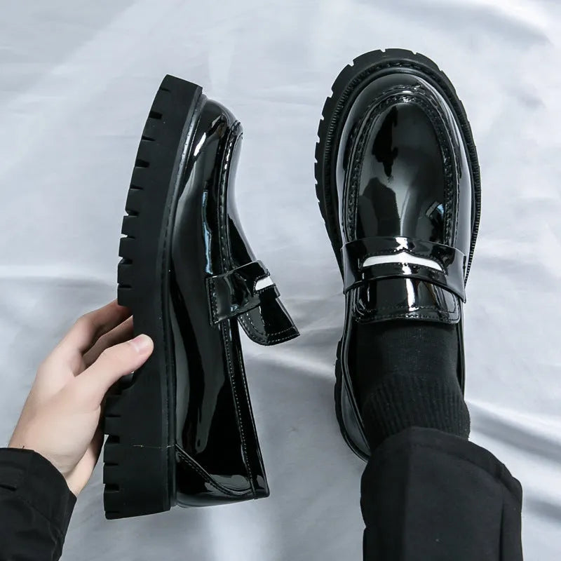 Men's chunky platform leather shoes in black with PU upper, rubber sole, round toe, low tube, sizes 38-46