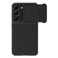Black Samsung S23 Ultra mobile phone case with lens push cover and carbon fibre detailing