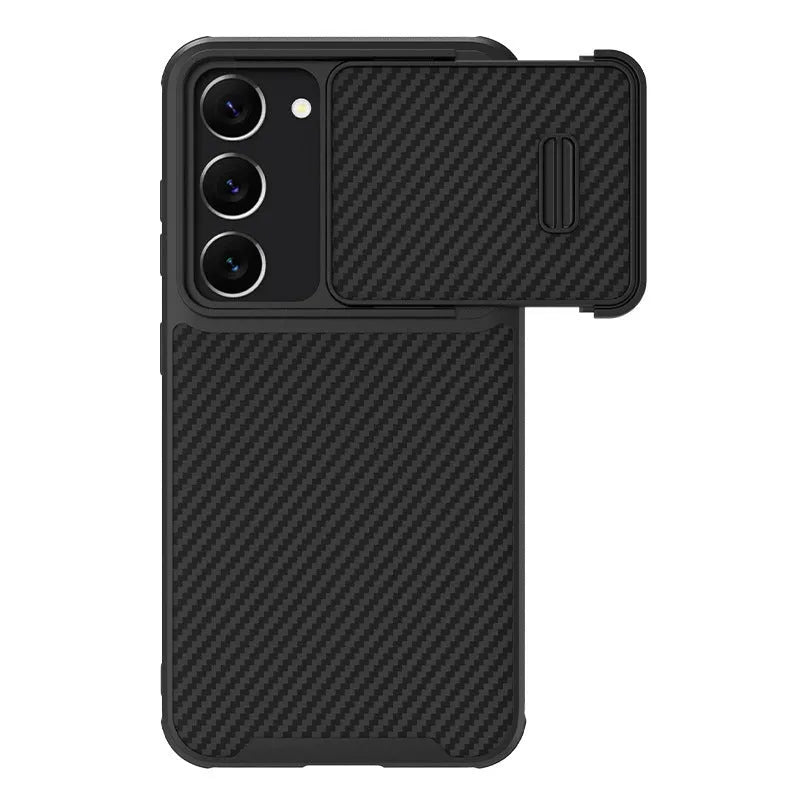 Black Samsung S23 Ultra mobile phone case with lens push cover and carbon fibre detailing