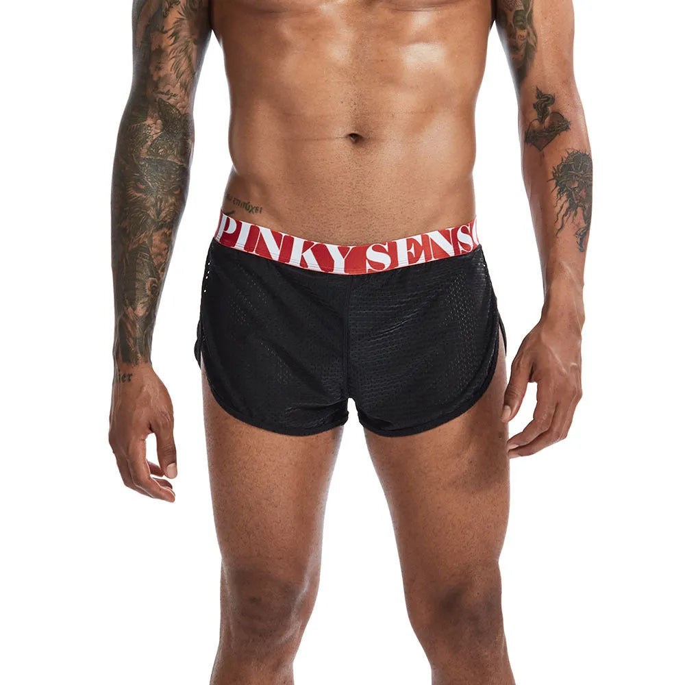 Men's solid colour mesh boxer briefs on a mid-waist fit model.