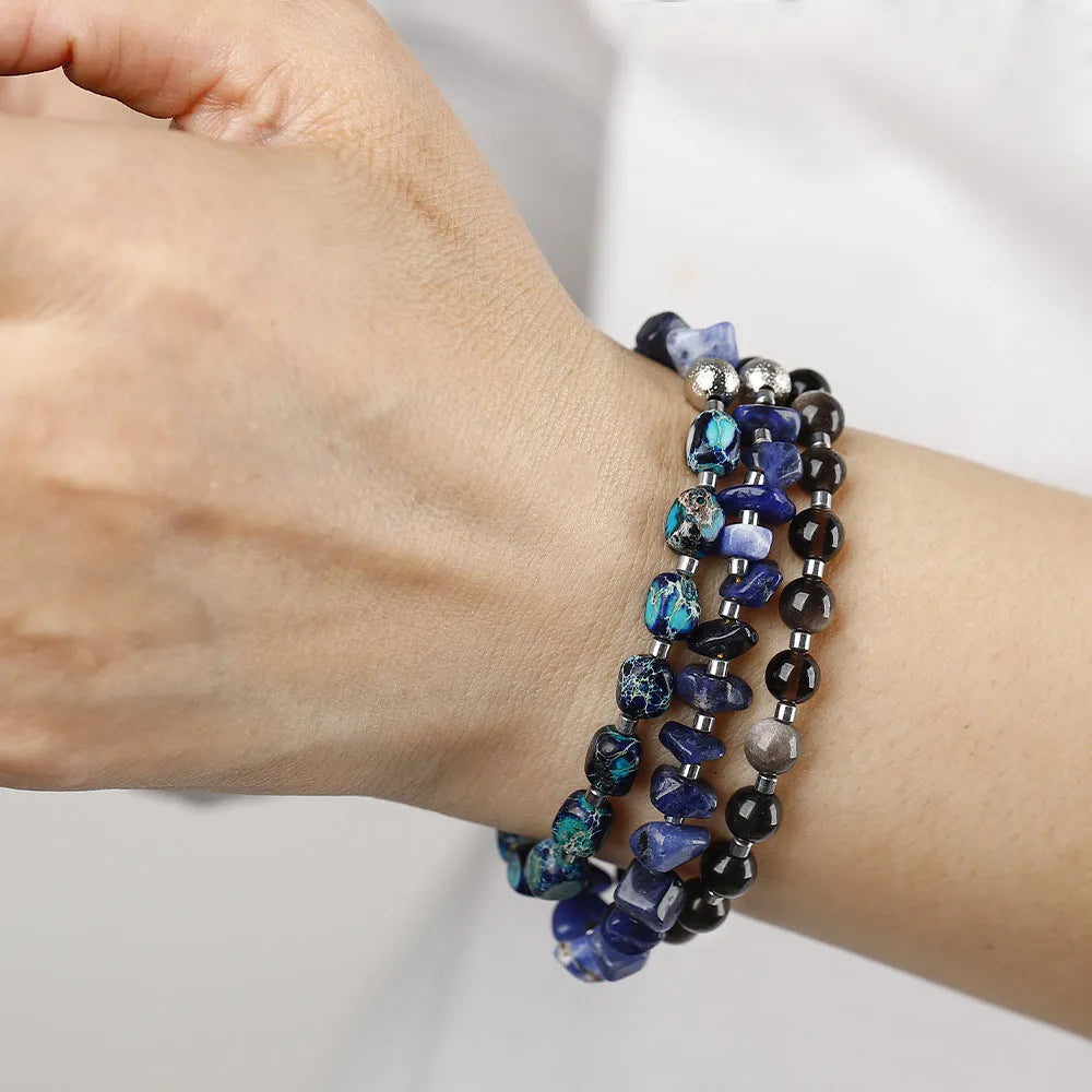 Blue hand-woven crushed stone bracelet with geometric Fang Hui stone and gold obsidian beads