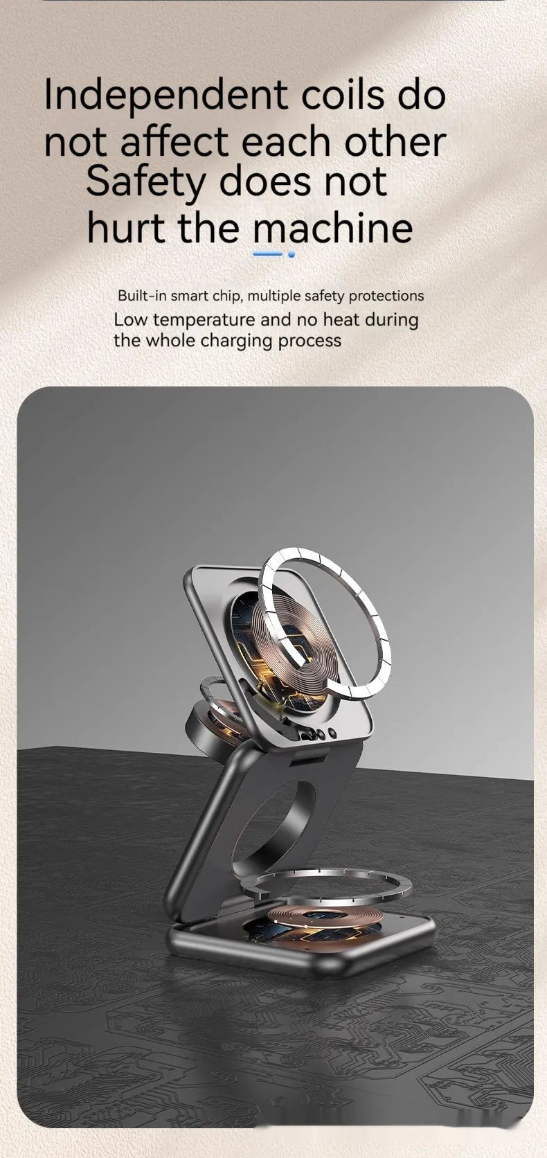 White foldable magnetic wireless charging holder for mobile phones showing QC3.0 fast charge.