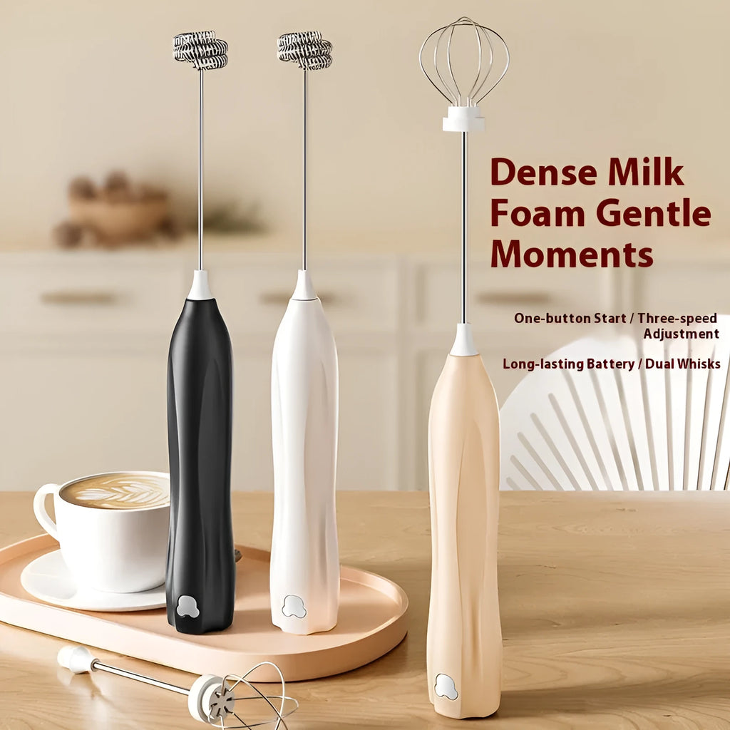 Handheld personalised milk frother in beige, black, or white with stainless steel whisk and Type-C charging port.