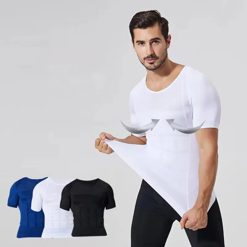 Men's nylon vest shapewear body toning T-shirt in black, blue, or white, sizes M to XXL, 57cm length
