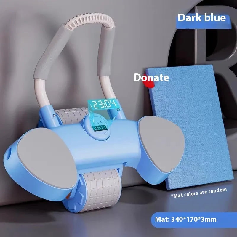 Abdominal wheel fitness equipment with elbow support and automatic rebound mechanism in blue colour