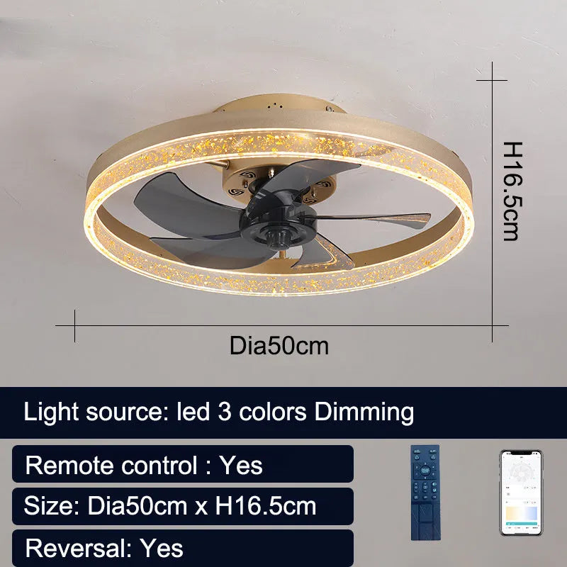 Nordic-style ceiling fan lamp with 50cm blades and LED light in coffee gold colour