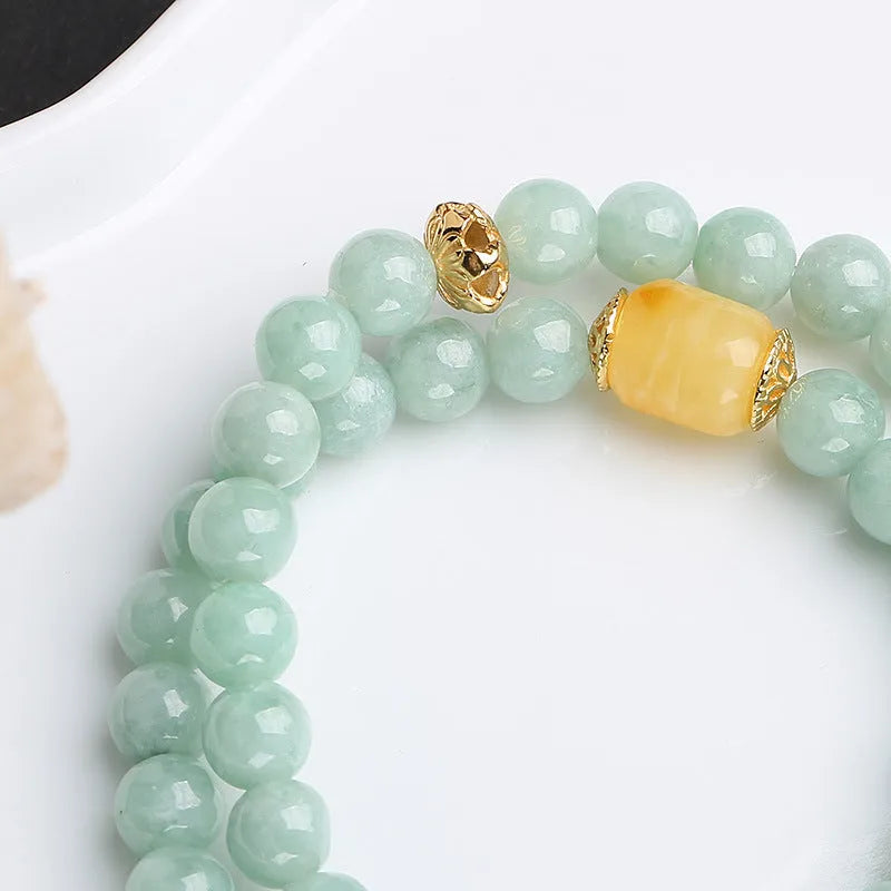 Double-layer jade bracelet with emerald round beads and beeswax barrel beads in retro geometric style