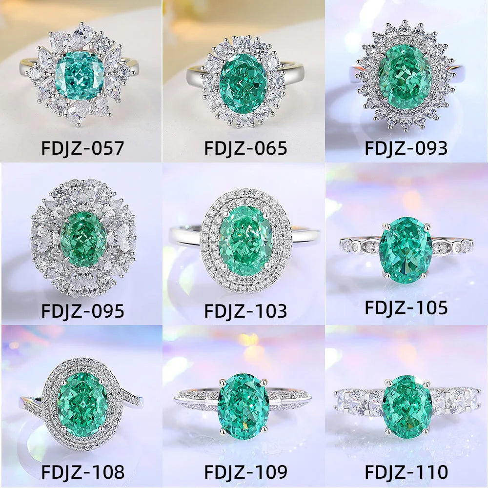 S925 sterling silver emerald ring with geometric shape and high carbon diamond inlay, showing elliptical design.