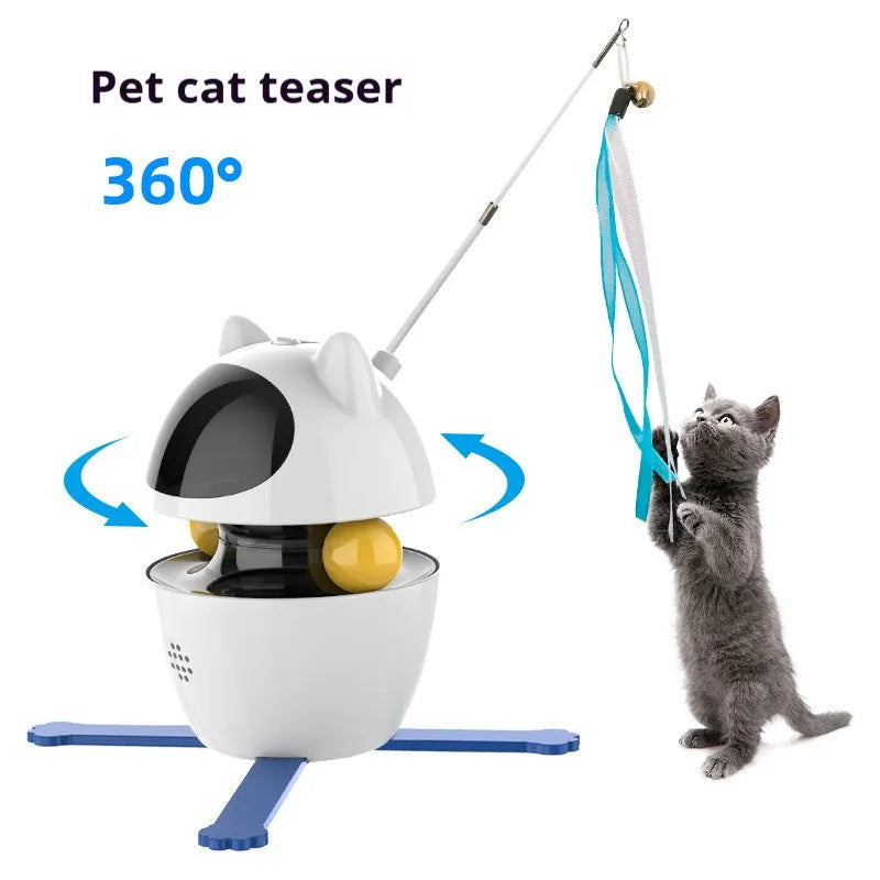 White automatic rotating cat toy with elastic rope and fluffy ball extended during operation