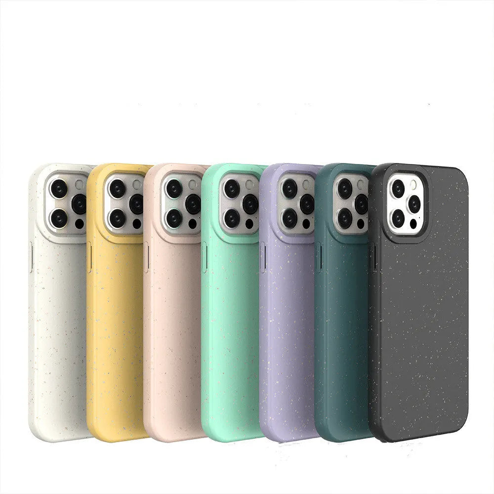 Biodegradable wheat straw fibre iPhone case showing rear protection and precise cutouts for cameras and ports