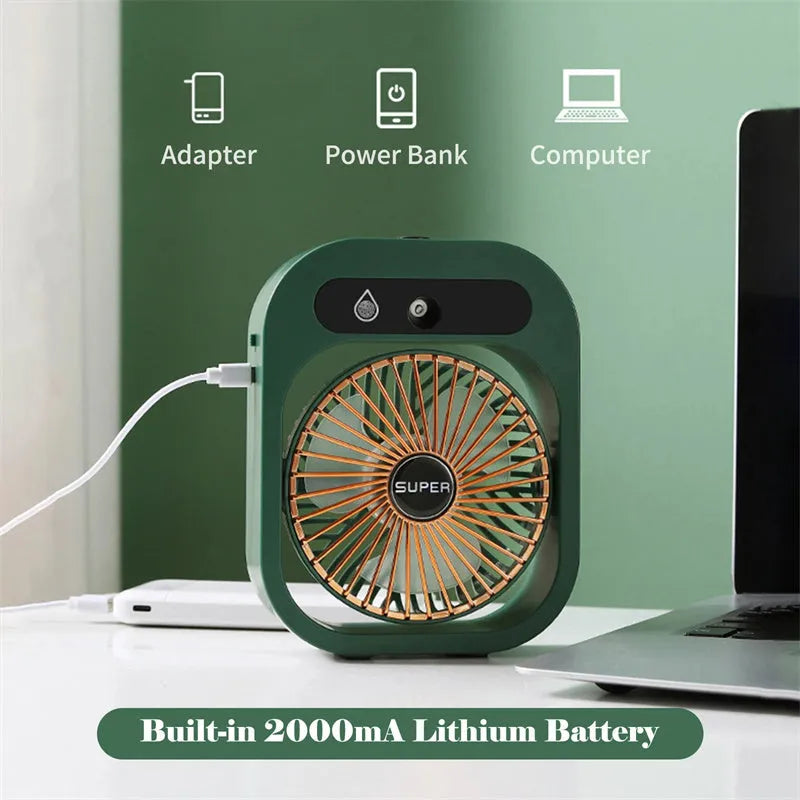 Green and white USB rechargeable portable misting fan and humidifier with adjustable wind direction