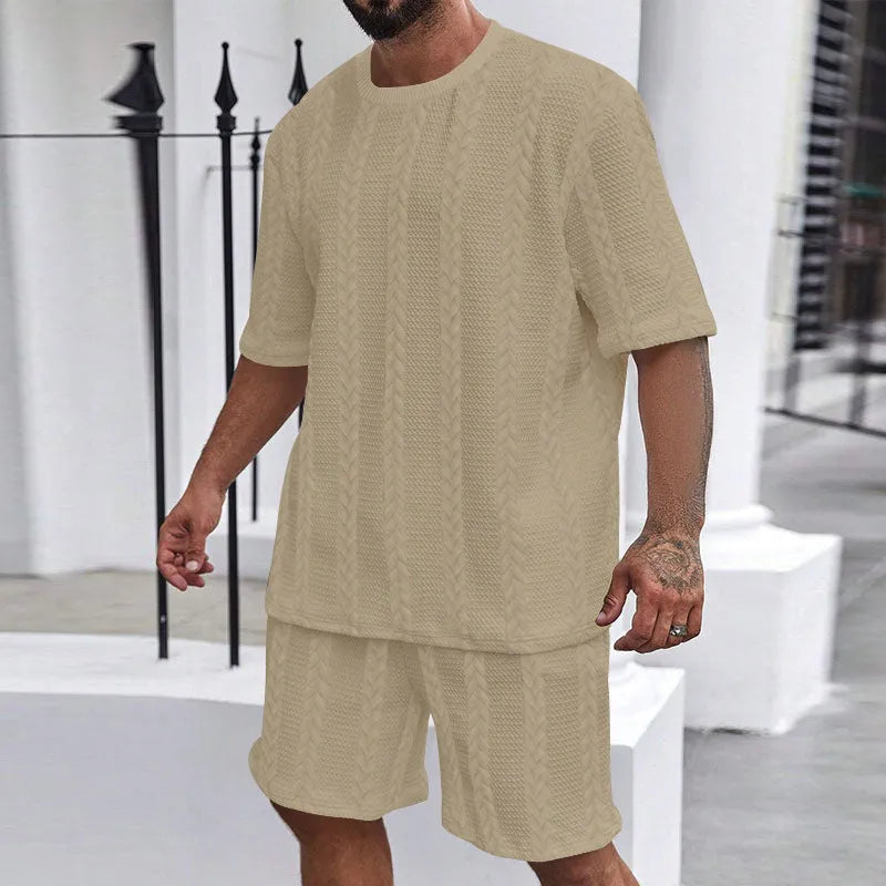 Knitted jacquard summer casual set with round neck pullover top and matching shorts in light grey colour