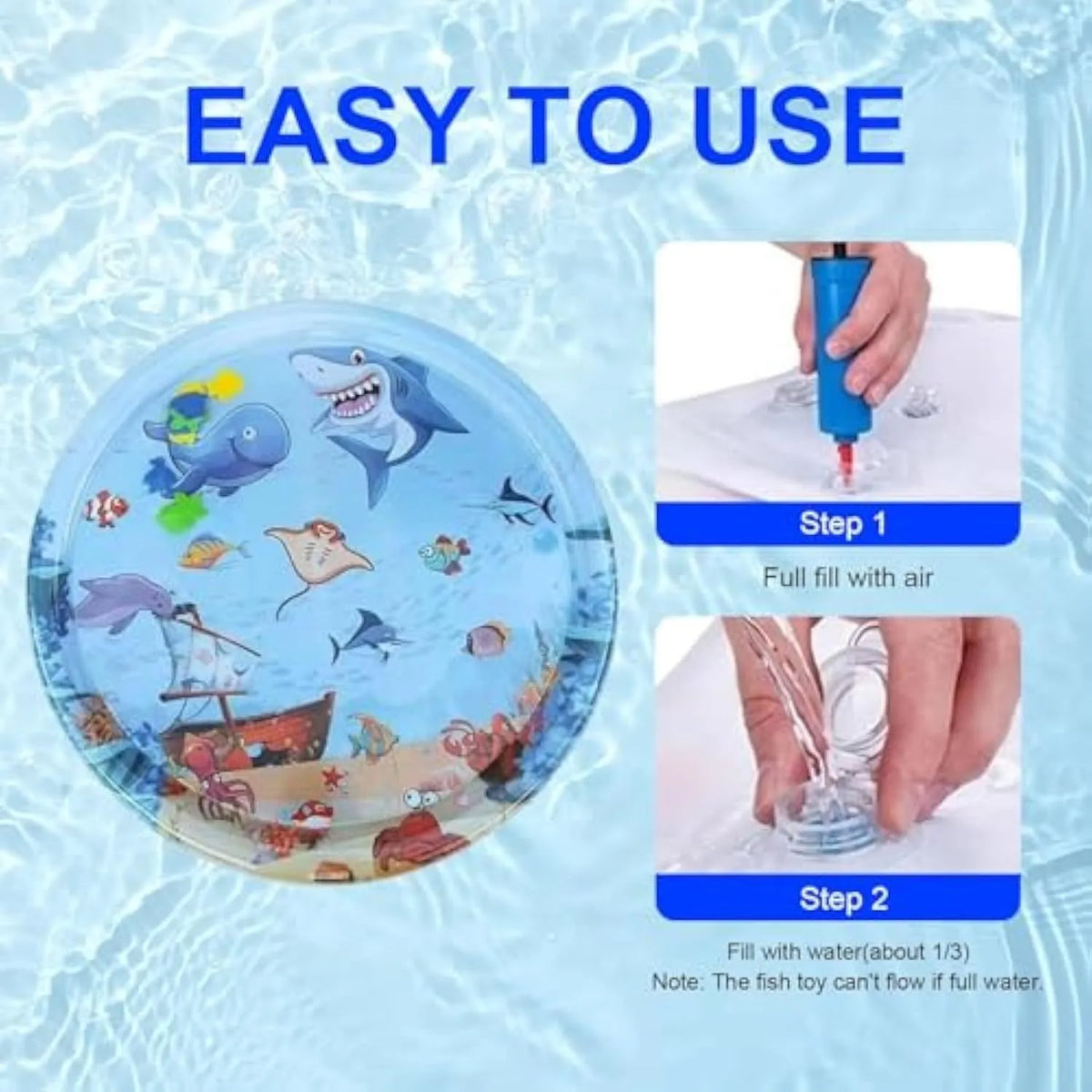 Blue cat water sensory playmat with ocean fish toys floating in water, 90cm diameter circular design