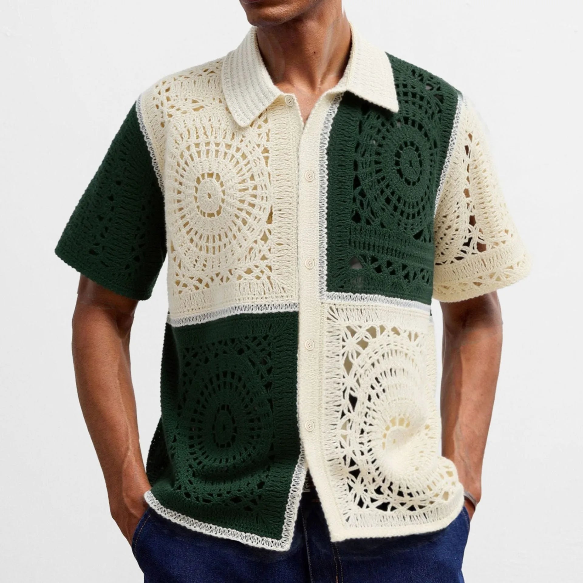 Men's beige colourblock short sleeve knitwear shirt with flocking detail showing front view