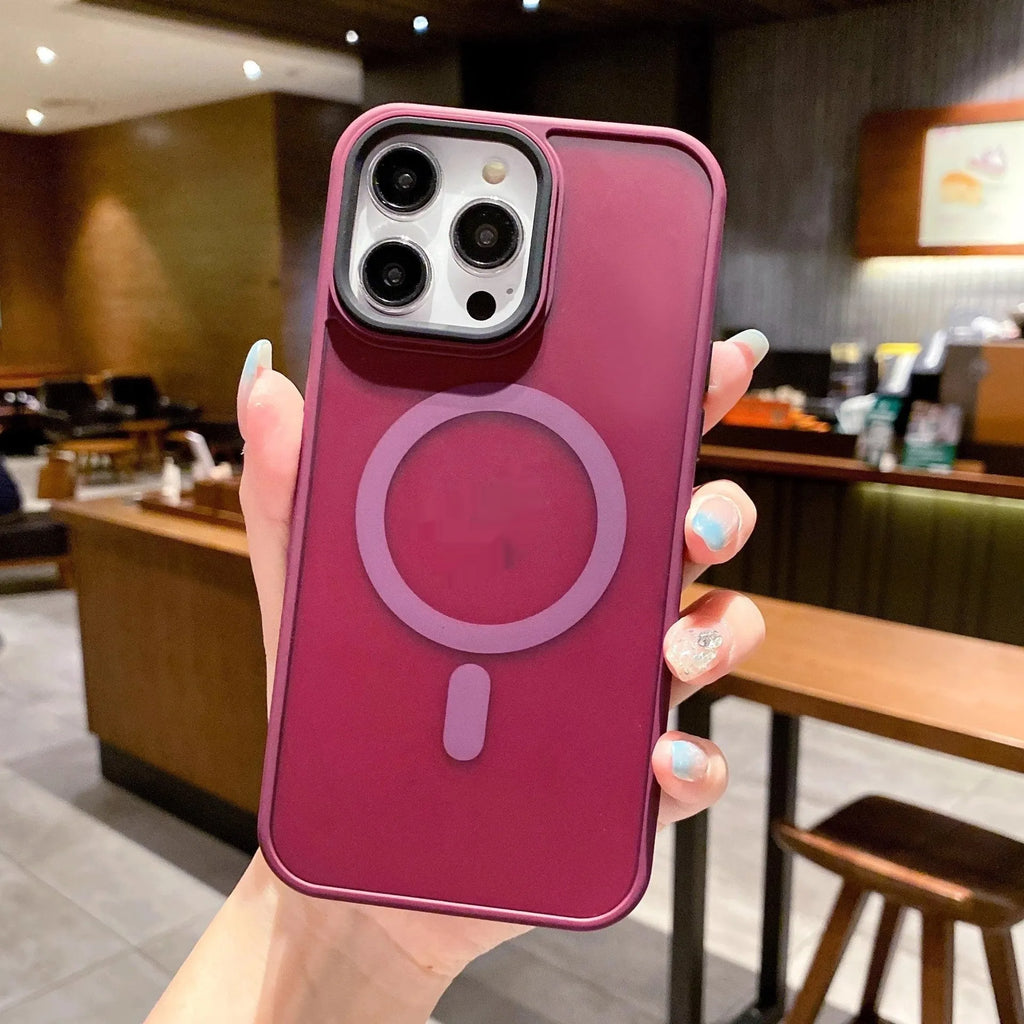 Frosted magnetic suction iPhone 16 phone case in dark purple colour showing shockproof anti-fall protection