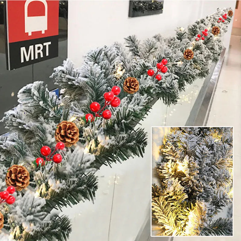 Christmas rattan flocking snow garland in American style showing snow-dusted texture on vine base