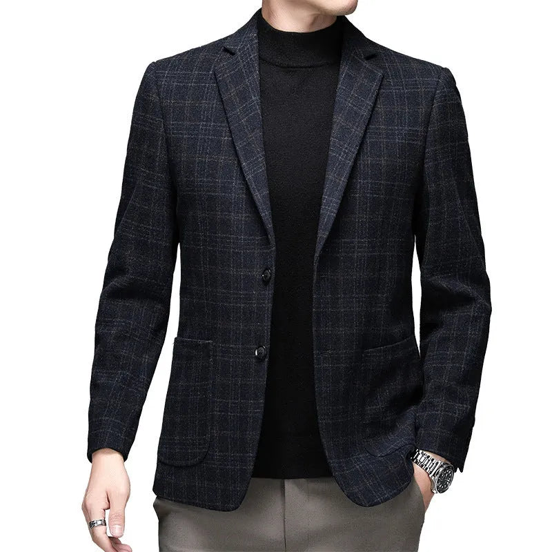 Men's solid colour loose fit woolen winter jacket in grey, shown front view.