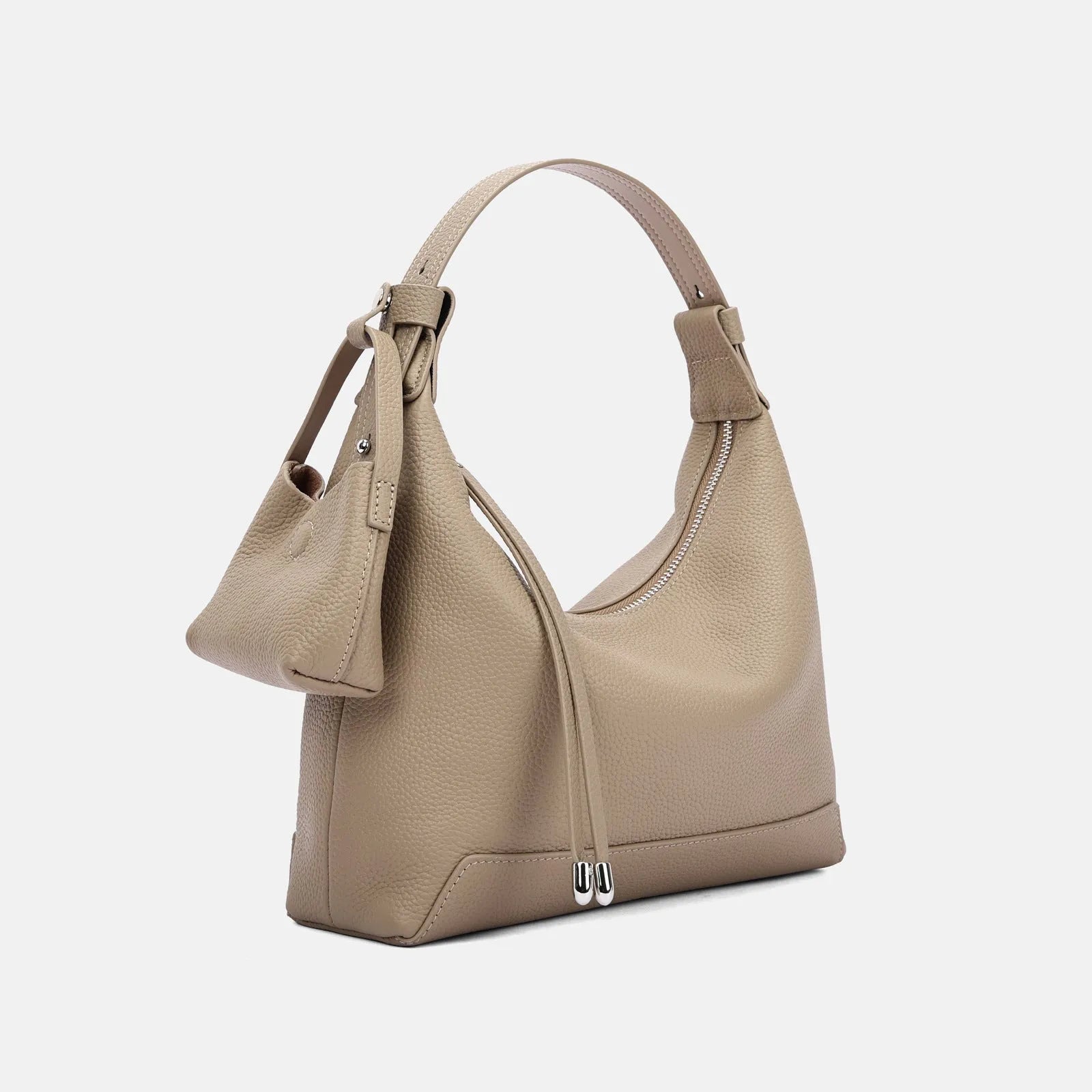 Simple grey genuine cowhide leather women's shoulder bag with visible stitching, shown on a neutral background.