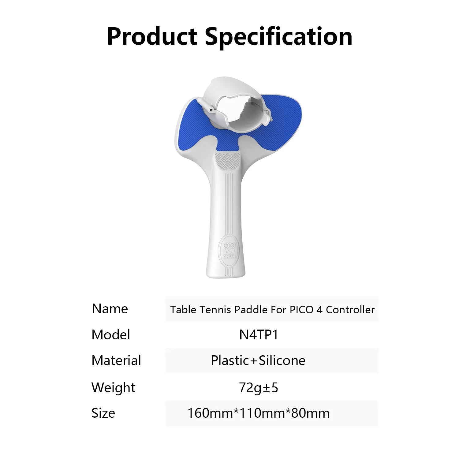 Red and blue plastic silicone handle grip for Pico 4 VR controller, shown as a table tennis racket accessory.