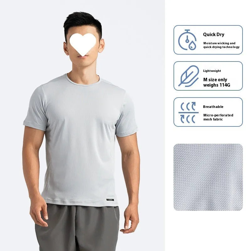 Men's black quick-dry polyester sports t-shirt for running and fitness on a hanger