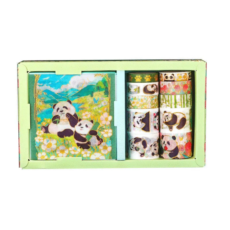Panda paper adhesive tape set with gold foil stickers in 30mm, 15mm, and 10mm widths, 2m rolls.
