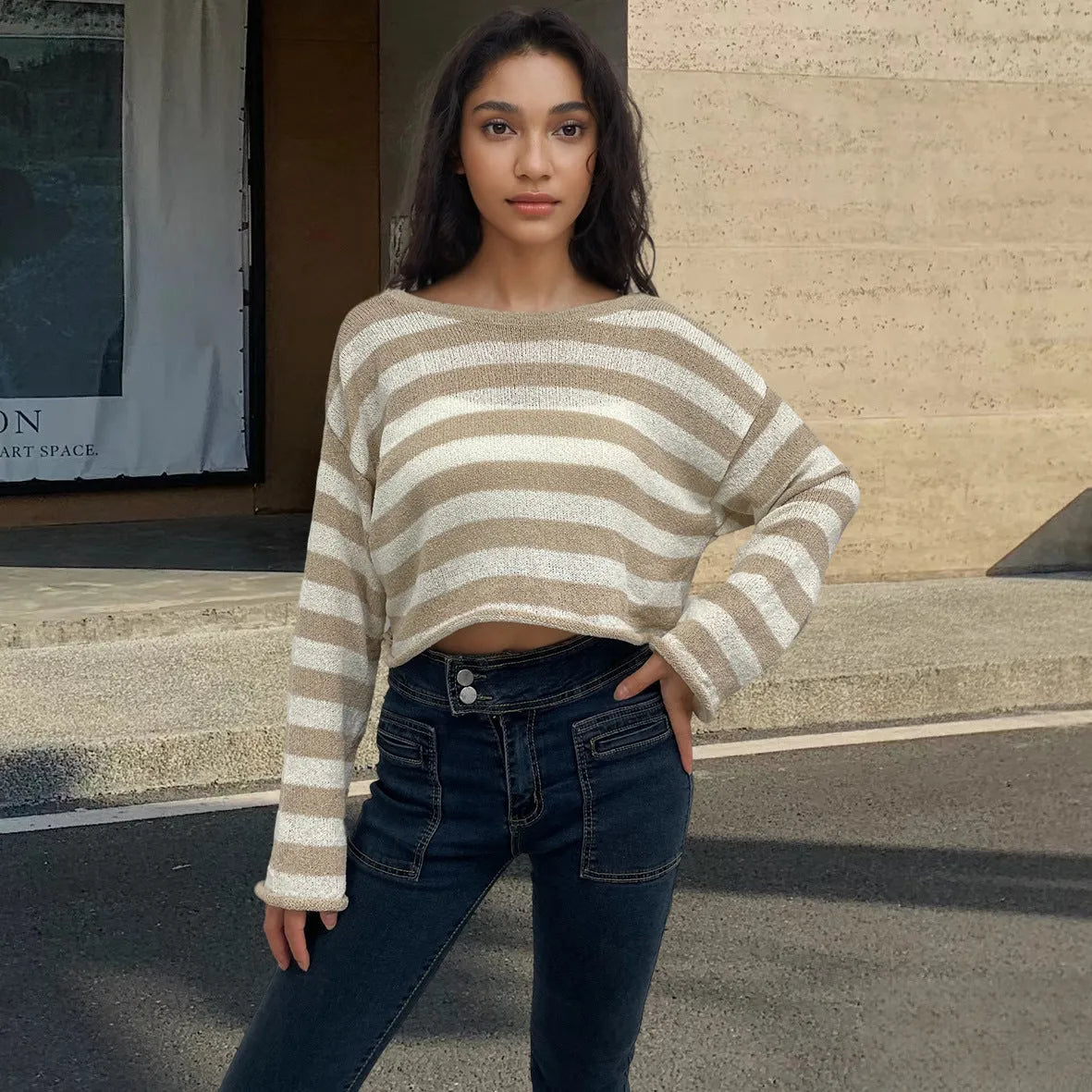 Striped long-sleeved mercerised cotton sweater with exposed navel detail in multiple colour options