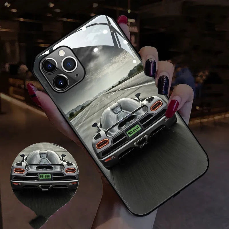 Luminous mobile phone case with call flash, TPU and glass back cover, available in multiple patterns for iPhone Samsung Xiaomi.