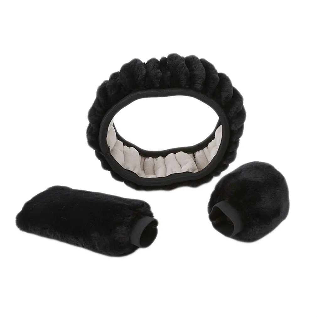 Plush car steering wheel cover set with handle and gear shift knob covers in six colour options