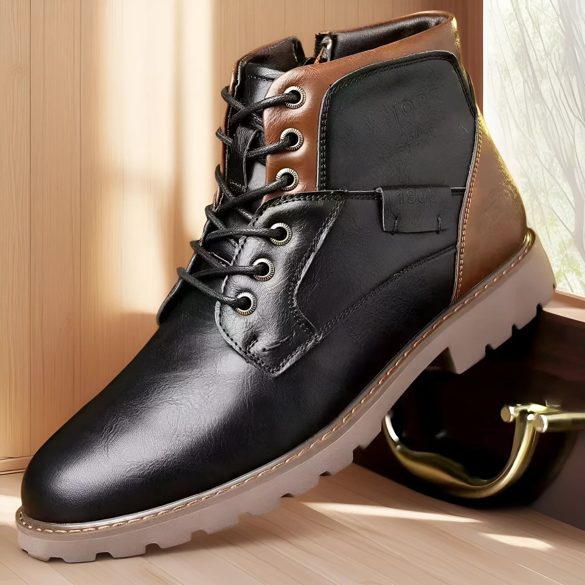 Men's brown ankle boot with a side zip and round toe on a rubber sole