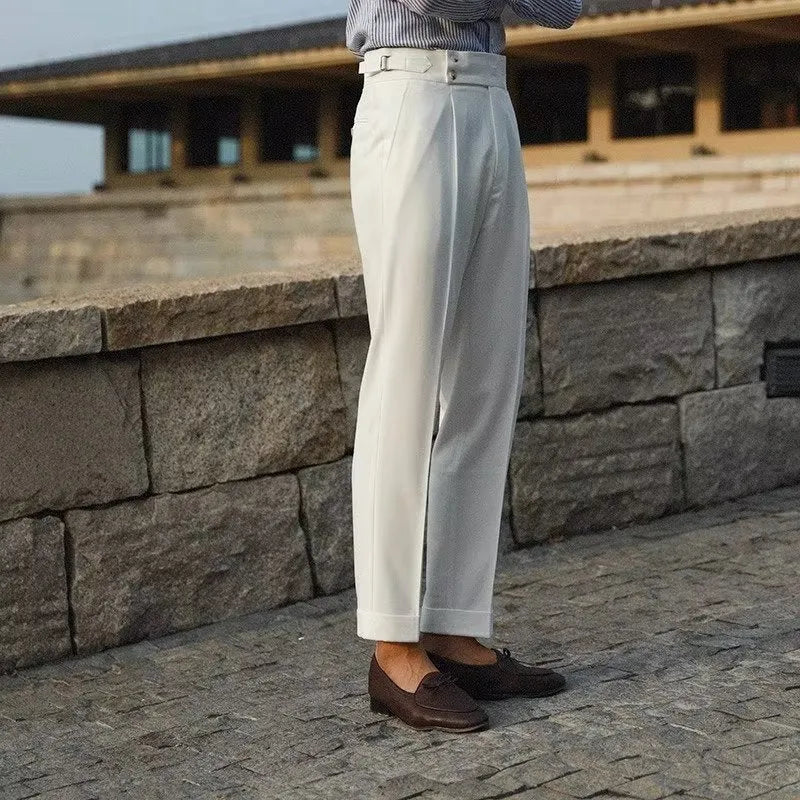 Straight-leg business trousers in black, white, or apricot with polyester construction for office wear